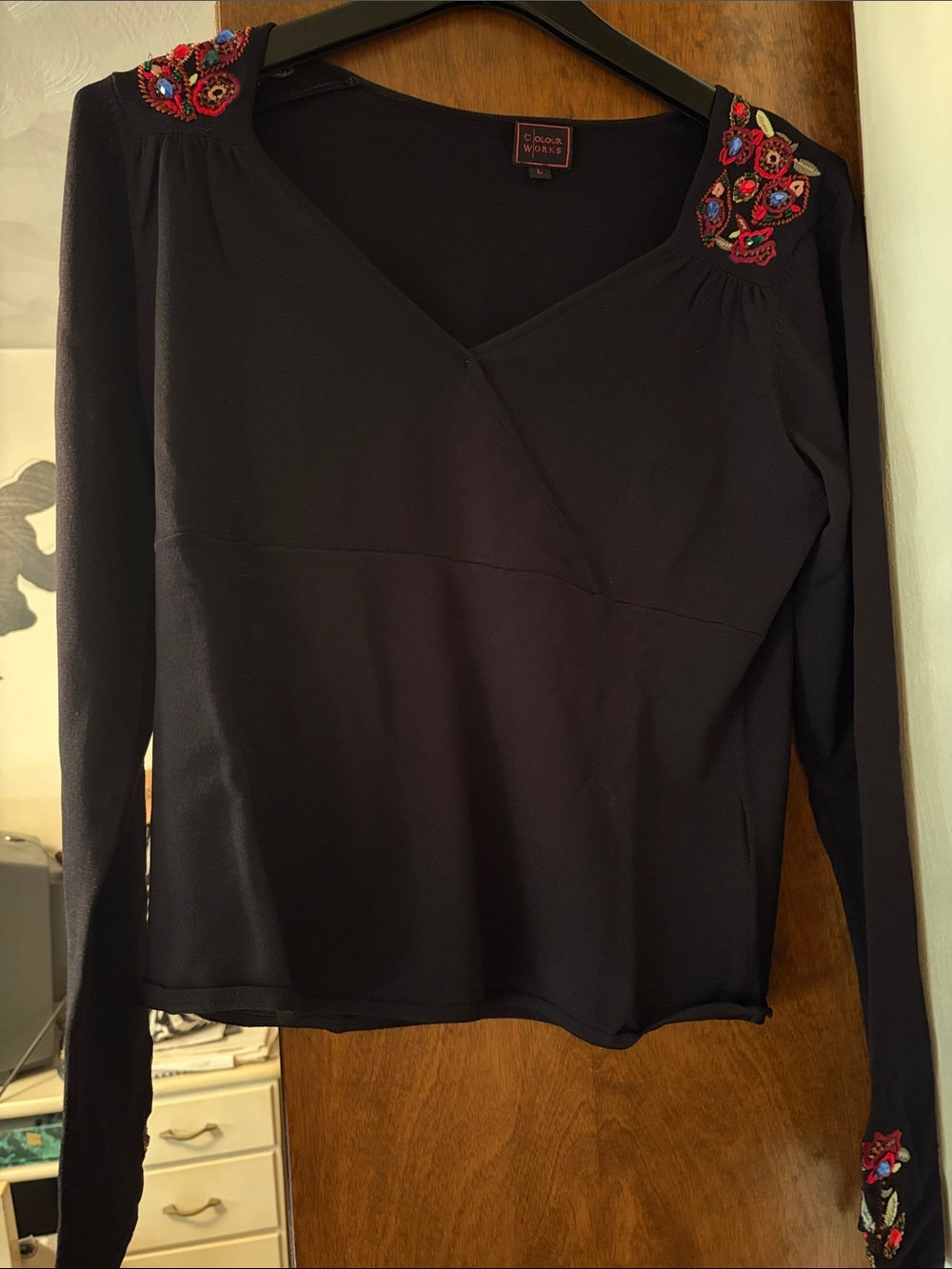 Studio Works Black Long-Sleeve V-Neck Top with Floral Embroidered Shoulders